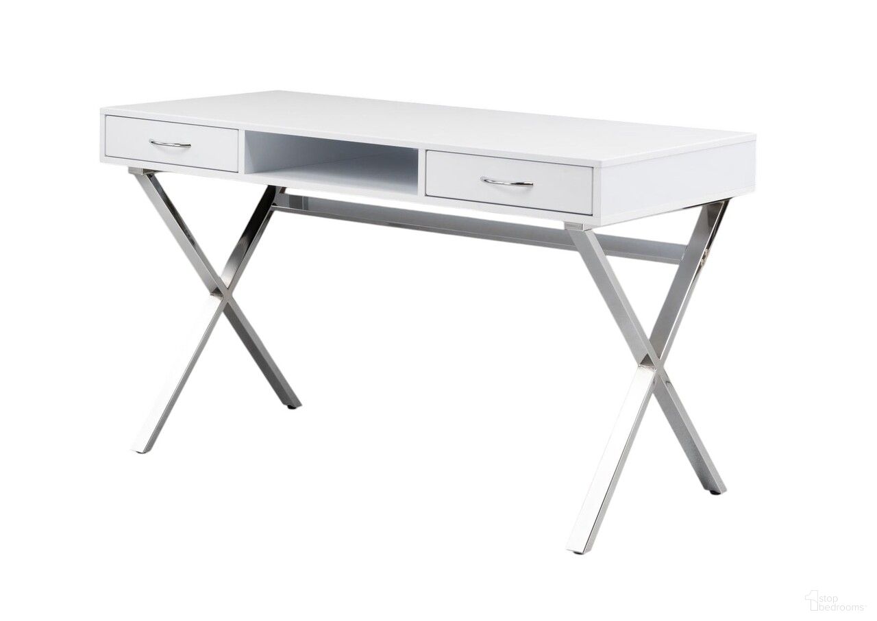47 Inch Wood and Metal Computer Desk with Two Drawers In White and Silver