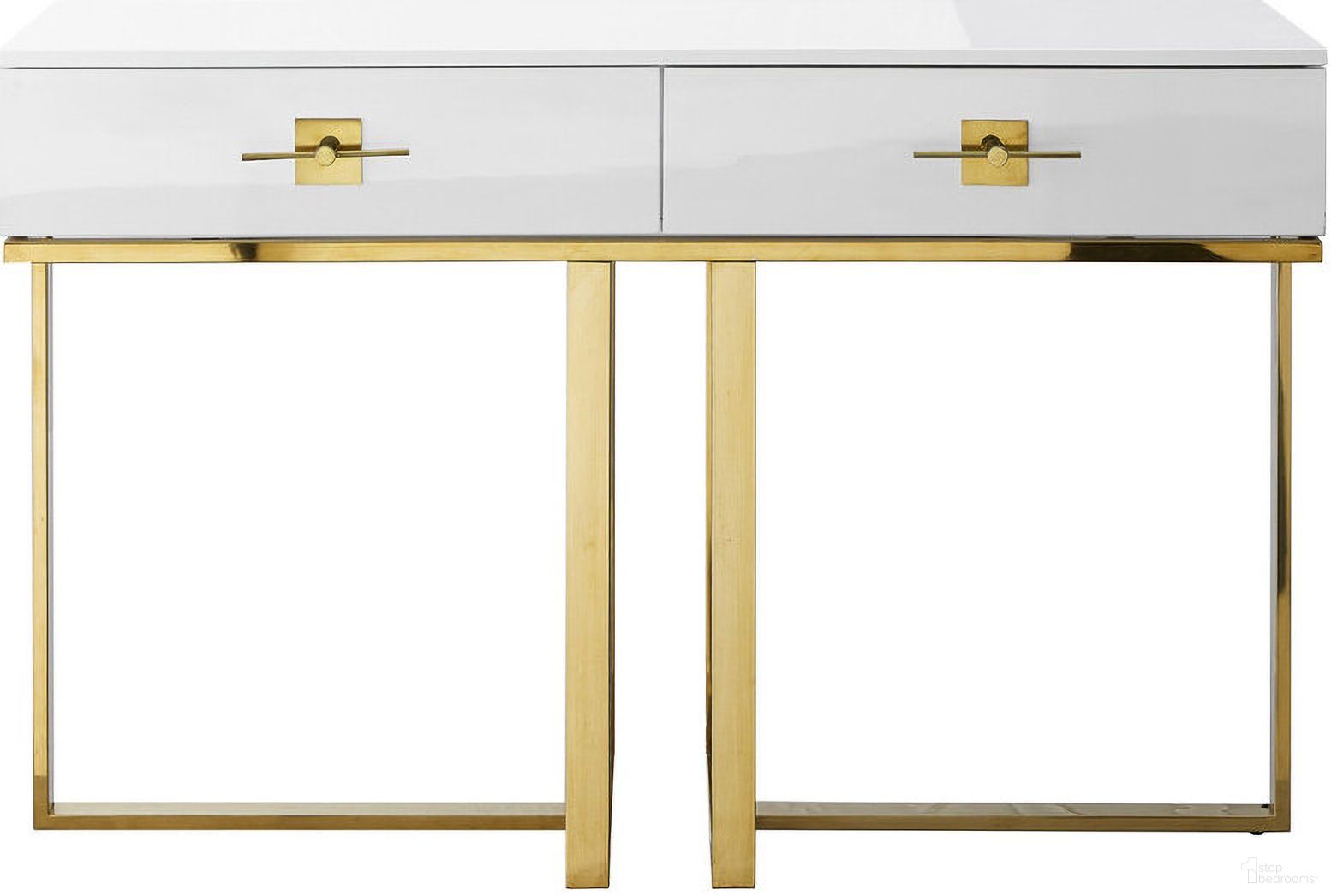 The appearance of 47 Inch Wood and Stainless Steel Sled Console Table with Two Drawers In White and Gold designed by Homeroots in the modern / contemporary interior design. This white and gold piece of furniture  was selected by 1StopBedrooms from  to add a touch of cosiness and style into your home. Sku: 543865. Material: Wood.