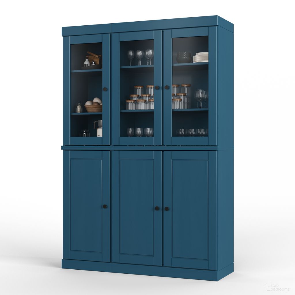 48.5 Inch Pantry China Cabinet with Raised Panel and 2-Drawers In Teal Blue