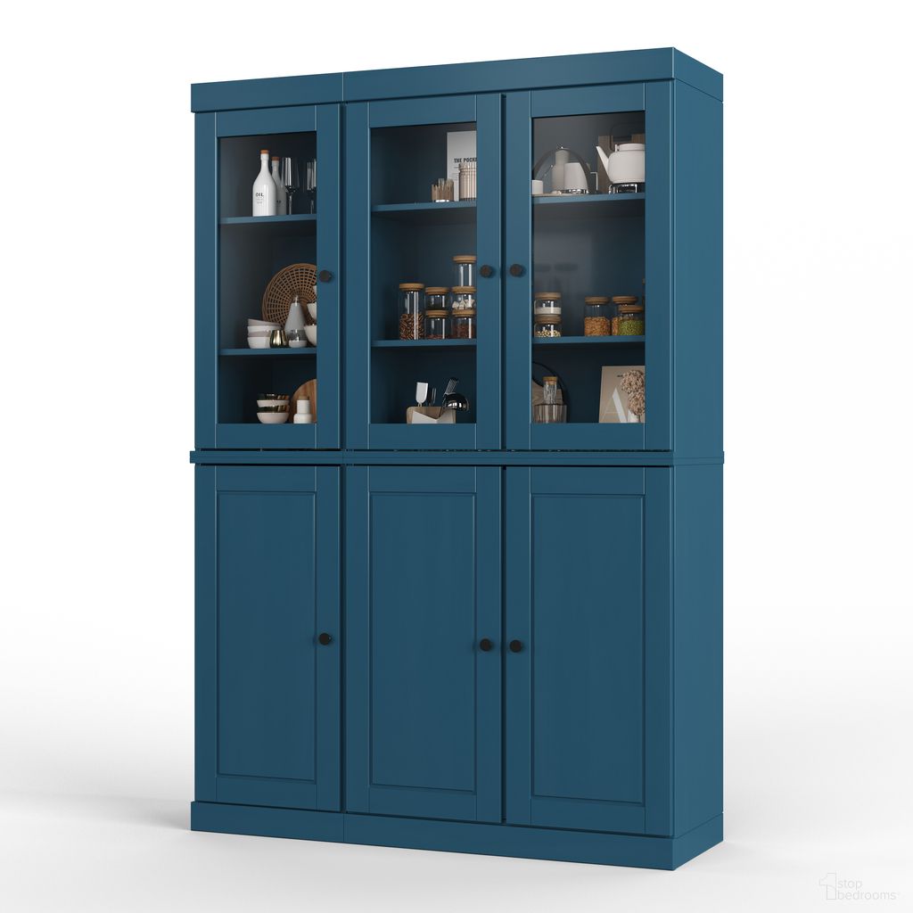 48.5 Inch Pantry China Cabinet with Raised Panel and Clear Glass Doors In Teal Blue