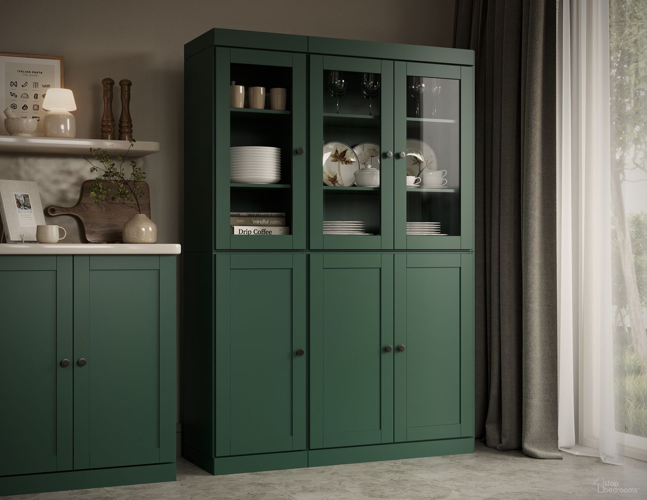 The appearance of 48.5 Inch Pantry China Cabinet with Shaker Doors and Clear Glass In Green designed by Palace Imports in the modern / contemporary interior design. This green piece of furniture was selected by 1StopBedrooms from to add a touch of cosiness and style into your home. Sku: 331-12. Material: Solid Pine Wood.