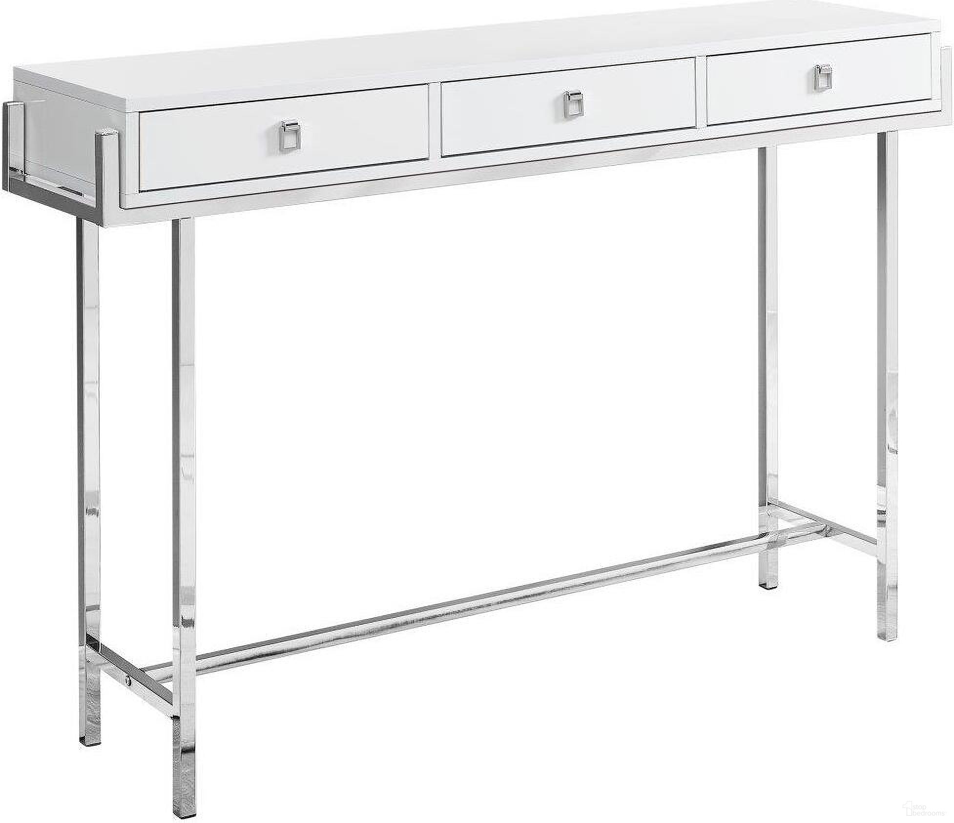 The appearance of 48 Inch Accent Table In Glossy White And Chrome Metal I 3297 designed by Monarch Specialties in the modern / contemporary interior design. This white piece of furniture  was selected by 1StopBedrooms from  to add a touch of cosiness and style into your home. Sku: I 3297. Material: Metal.
