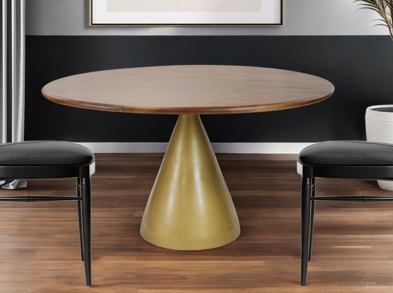 48 Inch Rounded Solid Wood and Iron Pedestal Base Dining Table In Brown and Gold
