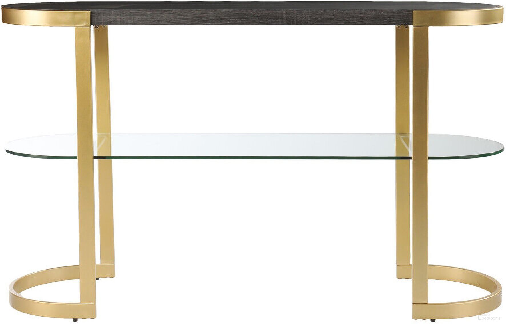 49 Inch Solid Wood Oval Sled Console Table with Storage In Gray and Gold
