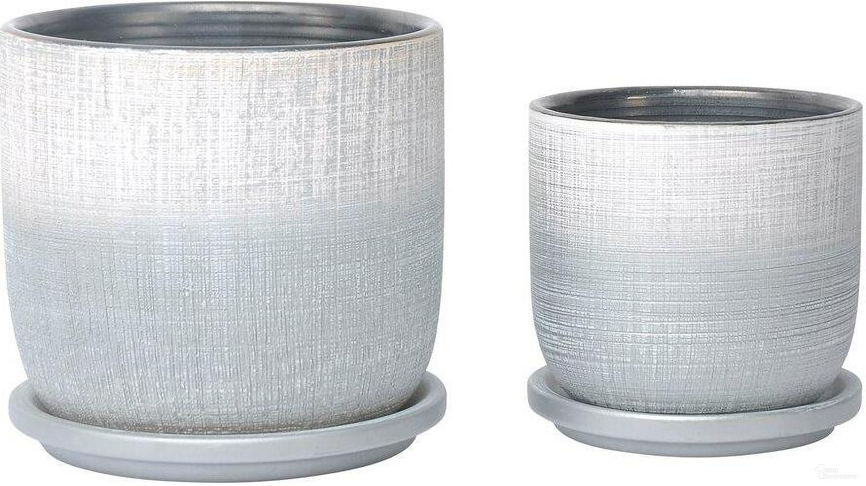 5/6 Inch Textured Planter With Saucer Set of 2 In Silver