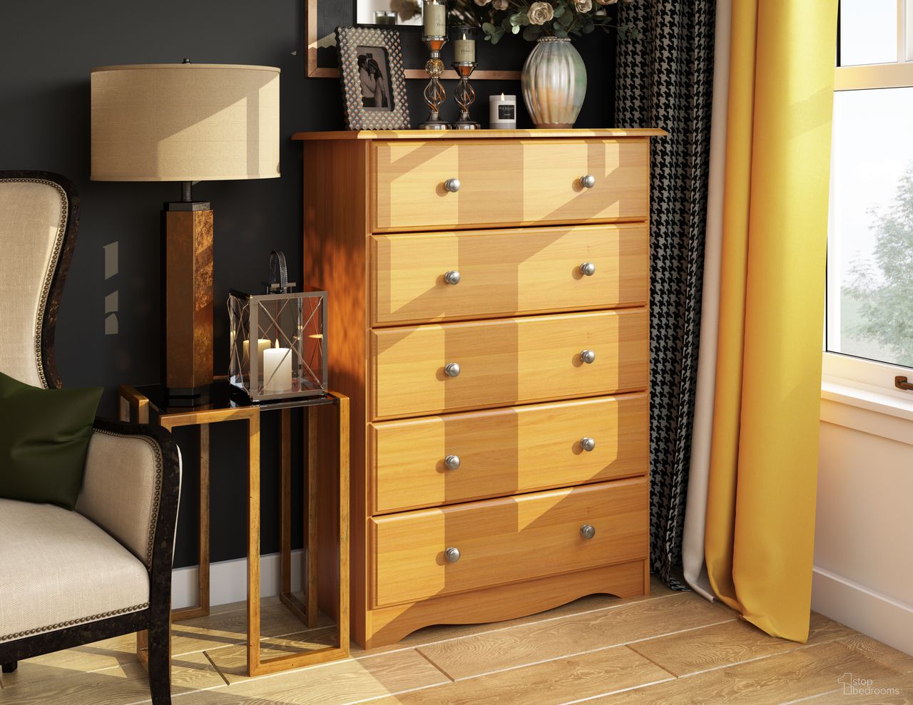 5-Drawer Chest with Metal Knobs In Honey Pine