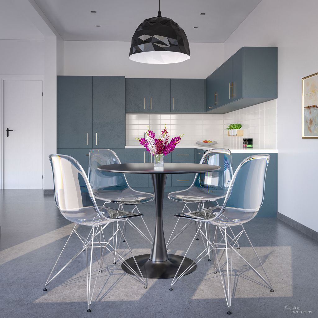 The appearance of 5 Piece Dining Set with 35 Inch Round Dining Table In Black Iron and 4 Abs Plastic Side Chair In Chrome and Clear designed by LeisureMod in the modern / contemporary interior design. This clear piece of furniture was selected by 1StopBedrooms from Bristol Collection to add a touch of cosiness and style into your home. Sku: BTBL-35BL-CR19CL4. Material: MDF.