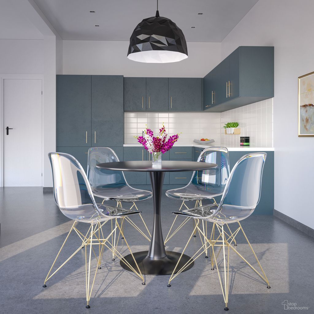 The appearance of 5 Piece Dining Set with 35 Inch Round Dining Table In Black Iron and 4 Abs Plastic Side Chair In Chrome and Clear designed by LeisureMod in the modern / contemporary interior design. This clear piece of furniture  was selected by 1StopBedrooms from Bristol Collection to add a touch of cosiness and style into your home. Sku: BTBL-35BL-CR19CLG4. Material: MDF.