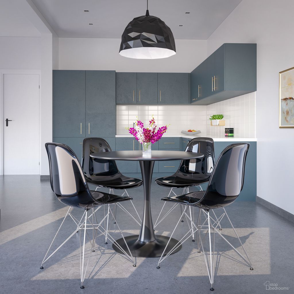 5 Piece Dining Set with 35 Inch Round Dining Table In Black Iron and 4 Abs Plastic Side Chair In Chrome and Transparent Black