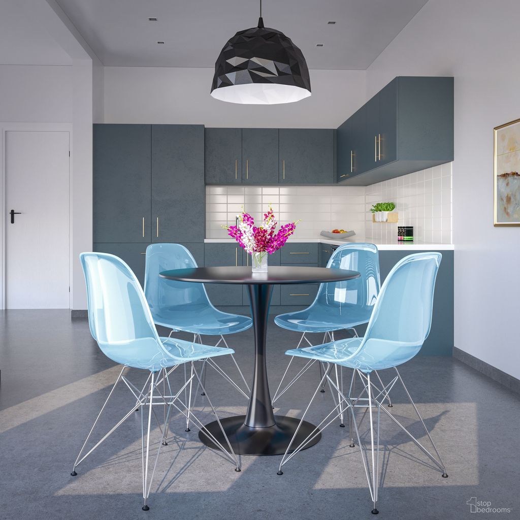 The appearance of 5 Piece Dining Set with 35 Inch Round Dining Table In Black Iron and 4 Abs Plastic Side Chair In Chrome and Transparent Blue designed by LeisureMod in the modern / contemporary interior design. This transparent blue piece of furniture was selected by 1StopBedrooms from Bristol Collection to add a touch of cosiness and style into your home. Sku: BTBL-35BL-CR19TBU4. Material: MDF.