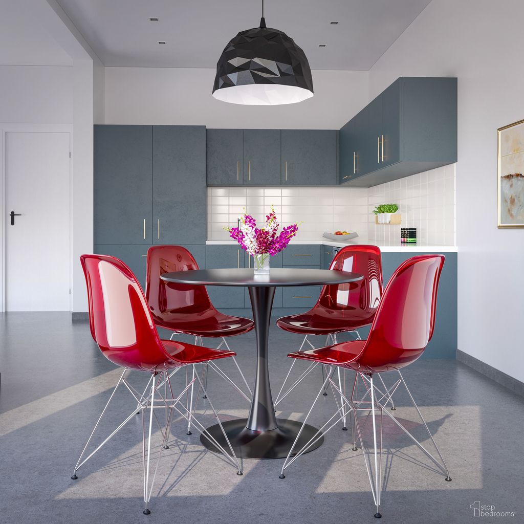 The appearance of 5 Piece Dining Set with 35 Inch Round Dining Table In Black Iron and 4 Abs Plastic Side Chair In Chrome and Transparent Red designed by LeisureMod in the modern / contemporary interior design. This transparent red piece of furniture was selected by 1StopBedrooms from Bristol Collection to add a touch of cosiness and style into your home. Sku: BTBL-35BL-CR19TR4. Material: MDF.