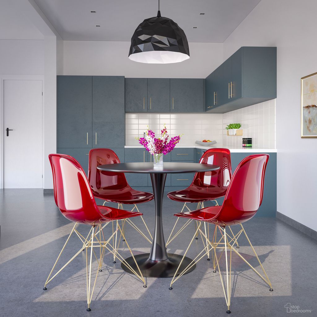 The appearance of 5 Piece Dining Set with 35 Inch Round Dining Table In Black Iron and 4 Abs Plastic Side Chair In Chrome and Transparent Red designed by LeisureMod in the modern / contemporary interior design. This transparent red piece of furniture was selected by 1StopBedrooms from Bristol Collection to add a touch of cosiness and style into your home. Sku: BTBL-35BL-CR19TRG4. Material: MDF.