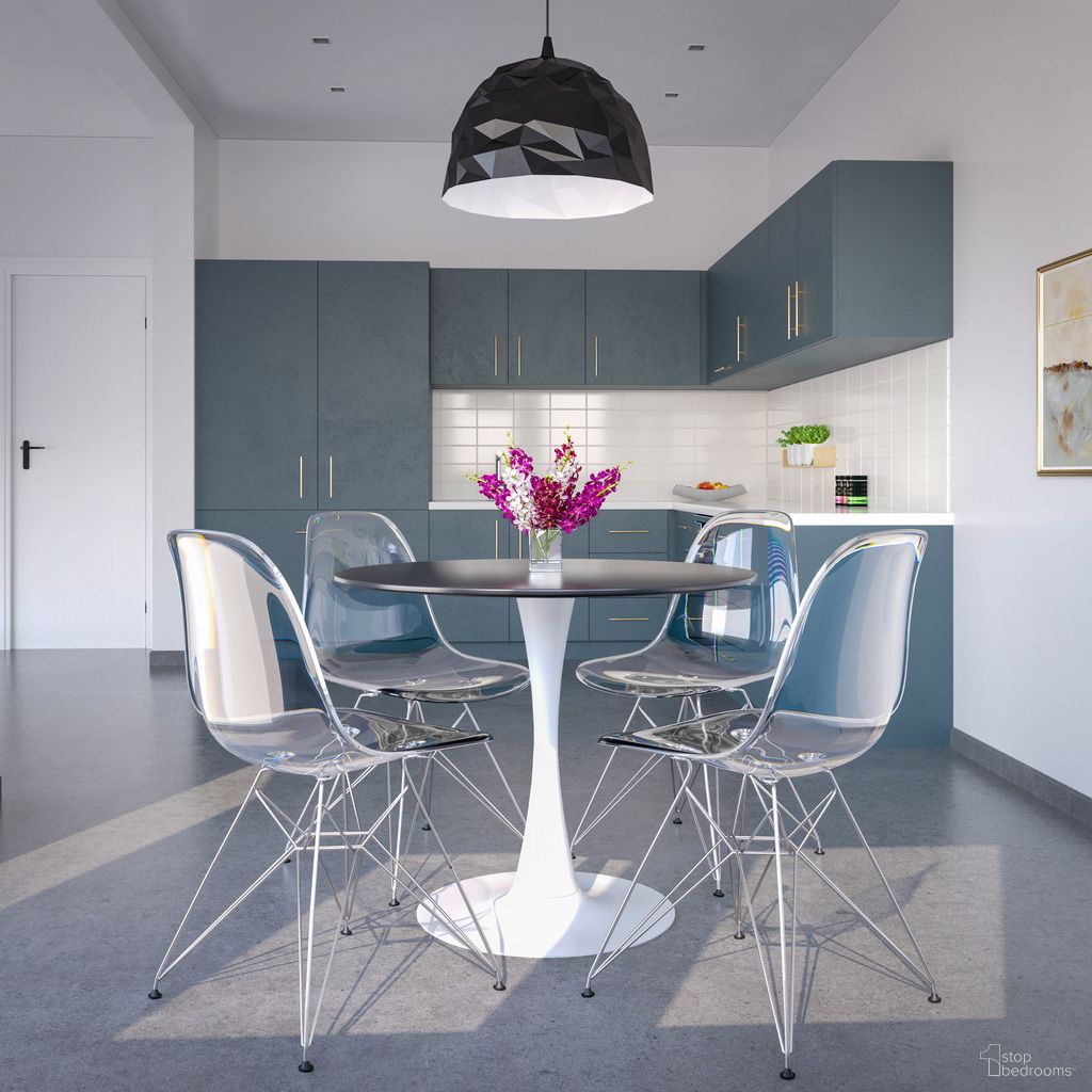 The appearance of 5-Piece Dining Set with 35 Inch Round Dining Table In White Iron and 4 Abs Plastic Side Chair In Chrome and Clear designed by LeisureMod in the modern / contemporary interior design. This clear piece of furniture was selected by 1StopBedrooms from Bristol Collection to add a touch of cosiness and style into your home. Sku: BTW-35BL-CR19CL4. Material: MDF.