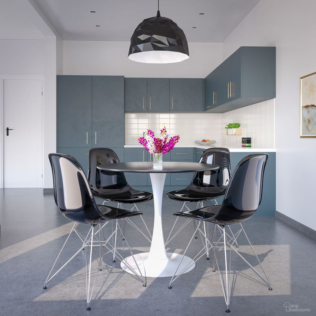 The appearance of 5-Piece Dining Set with 35 Inch Round Dining Table In White Iron and 4 Abs Plastic Side Chair In Chrome and Transparent Black designed by LeisureMod in the modern / contemporary interior design. This transparent black piece of furniture was selected by 1StopBedrooms from Bristol Collection to add a touch of cosiness and style into your home. Sku: BTW-35BL-CR19TBL4. Material: MDF.