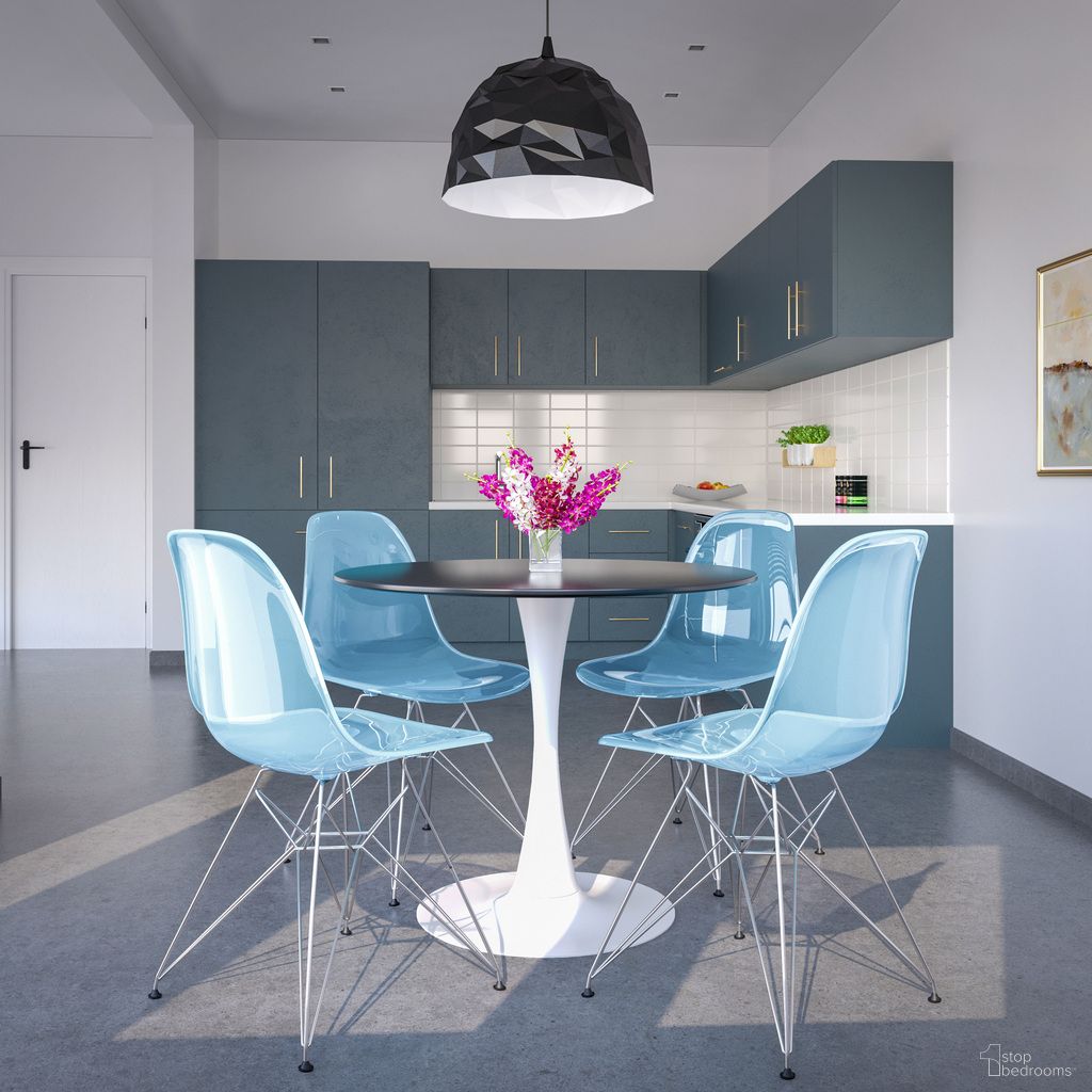 The appearance of 5-Piece Dining Set with 35 Inch Round Dining Table In White Iron and 4 Abs Plastic Side Chair In Chrome and Transparent Blue designed by LeisureMod in the modern / contemporary interior design. This transparent blue piece of furniture was selected by 1StopBedrooms from Bristol Collection to add a touch of cosiness and style into your home. Sku: BTW-35BL-CR19TBU4. Material: MDF.