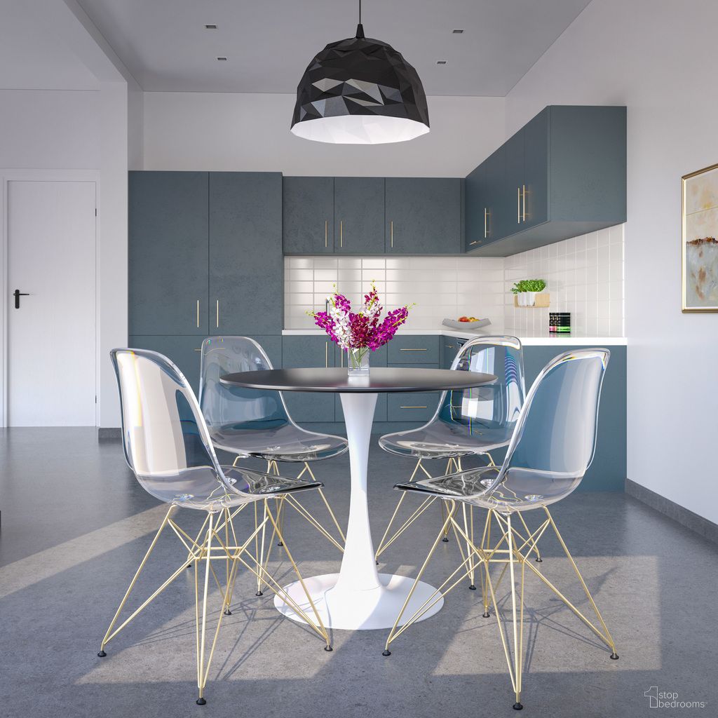 The appearance of 5-Piece Dining Set with 35 Inch Round Dining Table In White Iron Pedestal Base and 4 Abs Plastic Side Chair with Gold Base and Clear designed by LeisureMod in the modern / contemporary interior design. This clear piece of furniture  was selected by 1StopBedrooms from Bristol Collection to add a touch of cosiness and style into your home. Sku: BTW-35BL-CR19CLG4. Material: MDF.
