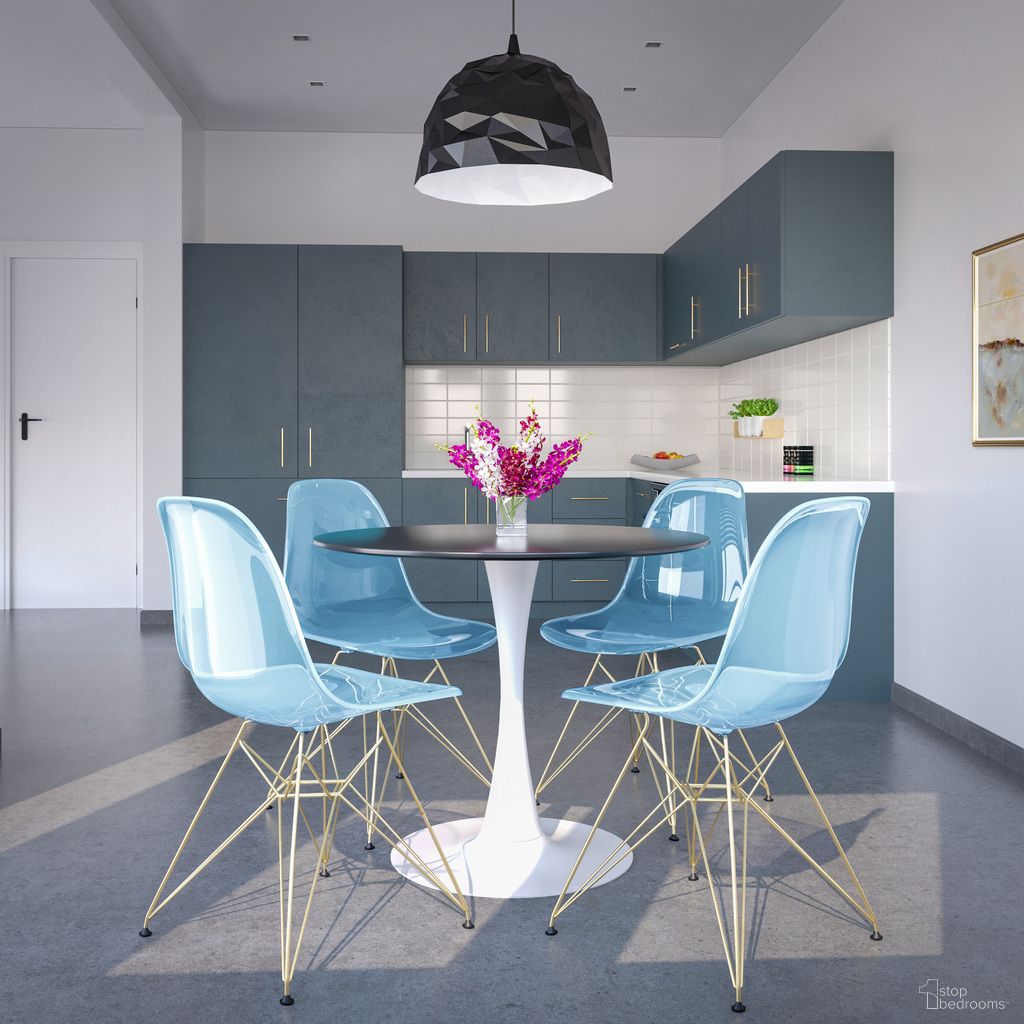 The appearance of 5-Piece Dining Set with 35 Inch Round Dining Table In White Iron Pedestal Base and 4 Abs Plastic Side Chair with Gold Base and Transparent Blue designed by LeisureMod in the modern / contemporary interior design. This transparent blue piece of furniture was selected by 1StopBedrooms from Bristol Collection to add a touch of cosiness and style into your home. Sku: BTW-35BL-CR19TBUG4. Material: MDF.