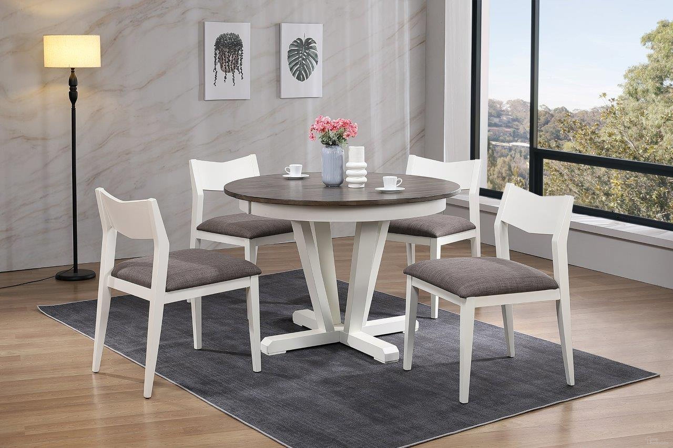 The appearance of 5-Piece Mindy Dining Set In Shadow Grey and White designed by Iconic Furniture in the modern / contemporary interior design. This shadow grey and white piece of furniture was selected by 1StopBedrooms from Hudson Collection to add a touch of cosiness and style into your home. Sku: RD45HUDCH65U98WHT-5PC. Table Base Style: Pedestal. Table Top Shape: Round. Material: Rubberwood.