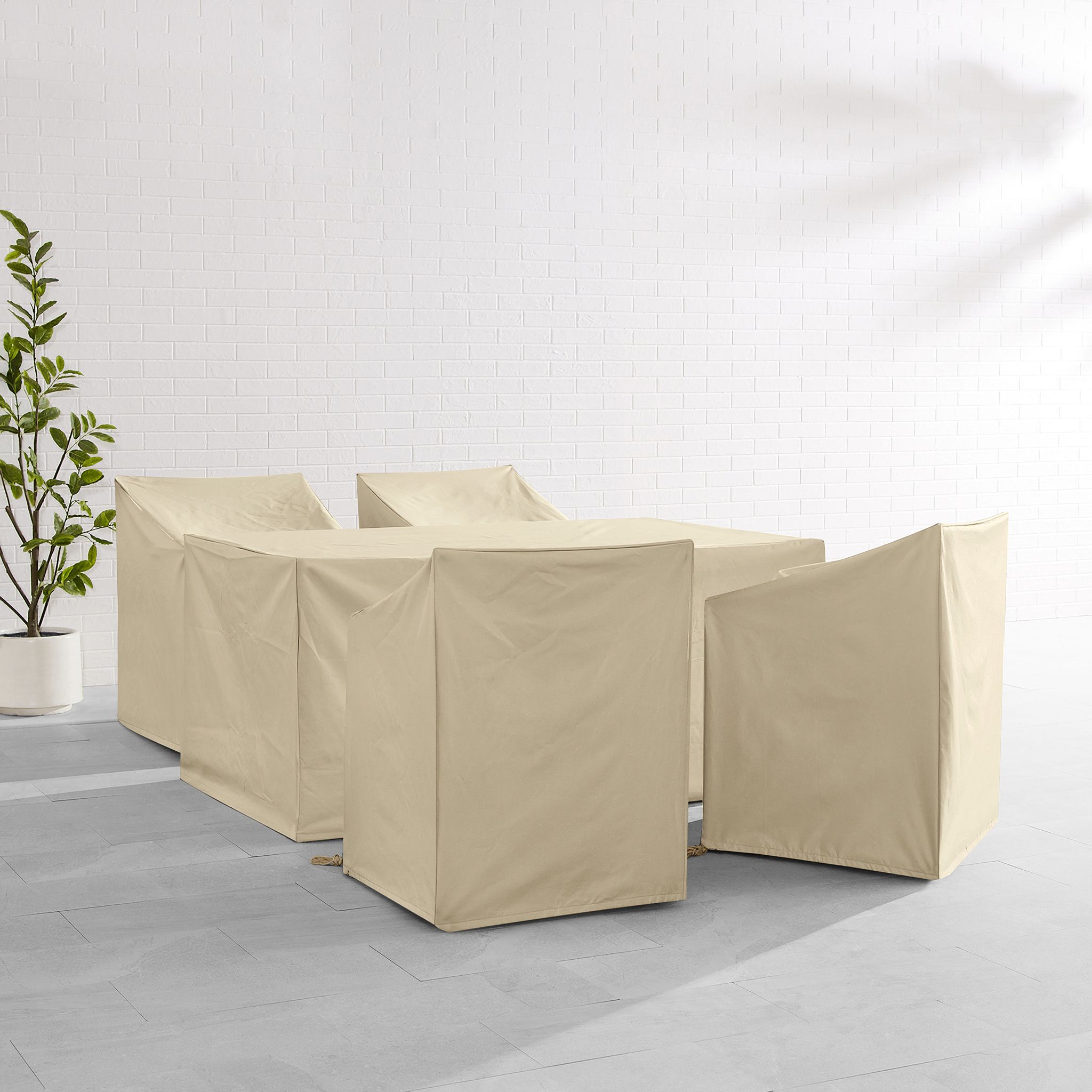 The appearance of 5 Piece Outdoor Dining Furniture Cover Set In Tan designed by Crosley Brands in the modern / contemporary interior design. This tan piece of furniture  was selected by 1StopBedrooms from Furniture Covers Collection to add a touch of cosiness and style into your home. Sku: CO7509-TA;CO7509-TA;CO7511-TA. Material: PVC.