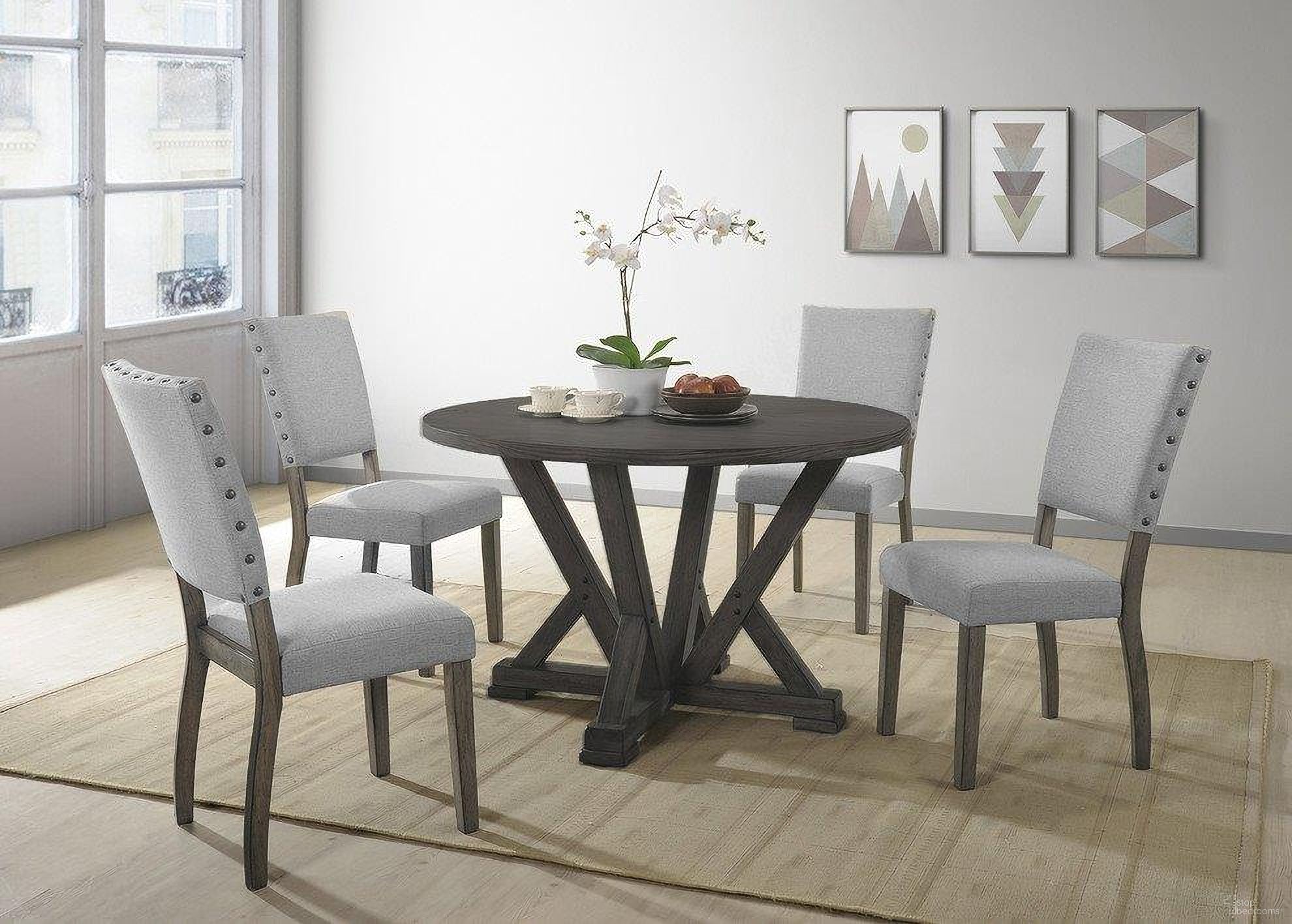 The appearance of 5 Piece Solid Wood Round Dinette Set In Antique Rustic Gray designed by Best Master Furniture in the transitional interior design. This rustic gray piece of furniture was selected by 1StopBedrooms from to add a touch of cosiness and style into your home. Sku: ANNAG5. Material: Wood.