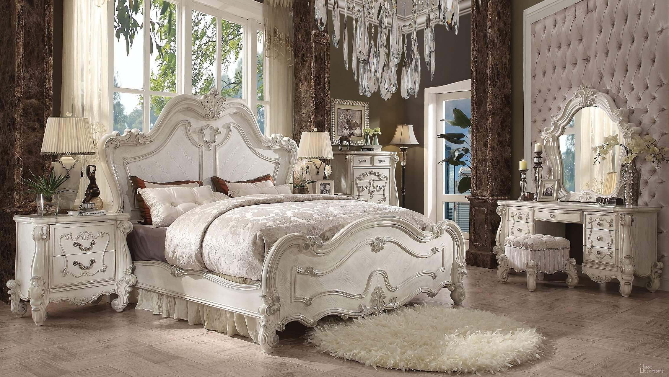 The appearance of Acme Versailles Bedroom Set in Bone White designed by ACME in the rustic / southwestern interior design. This white piece of furniture was selected by 1StopBedrooms from Versailles Collection to add a touch of cosiness and style into your home. Sku: 21760Q-HB;21761Q-FB;21762Q-R;21133. Bed Type: Panel Bed. Material: Wood. Bed Size: Queen.