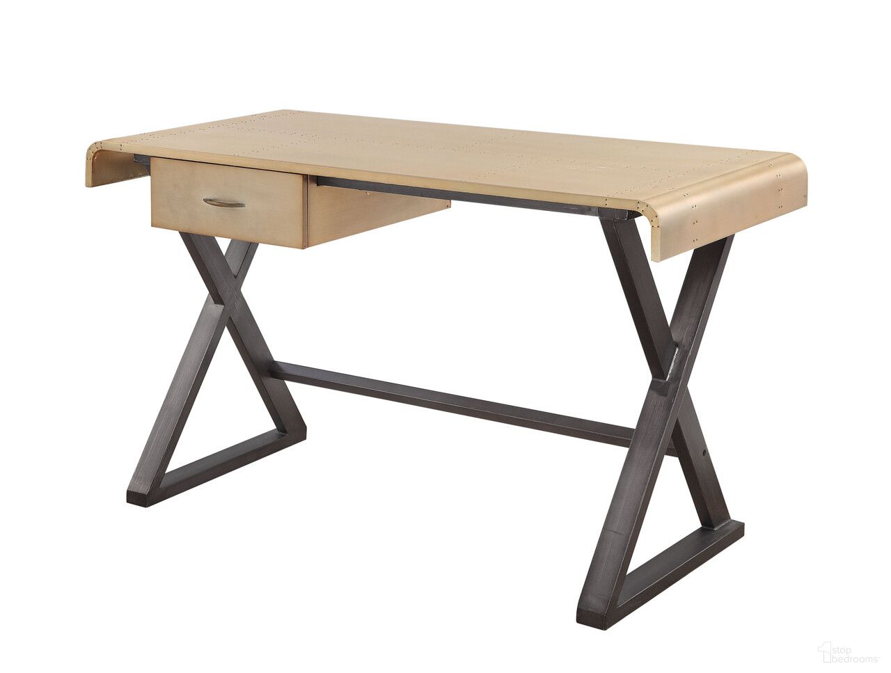 The appearance of 50 Inch Aluminum Writing Desk In Gold and Black designed by Homeroots in the modern / contemporary interior design. This gold and black piece of furniture was selected by 1StopBedrooms from to add a touch of cosiness and style into your home. Sku: 491400. Material: Aluminum.