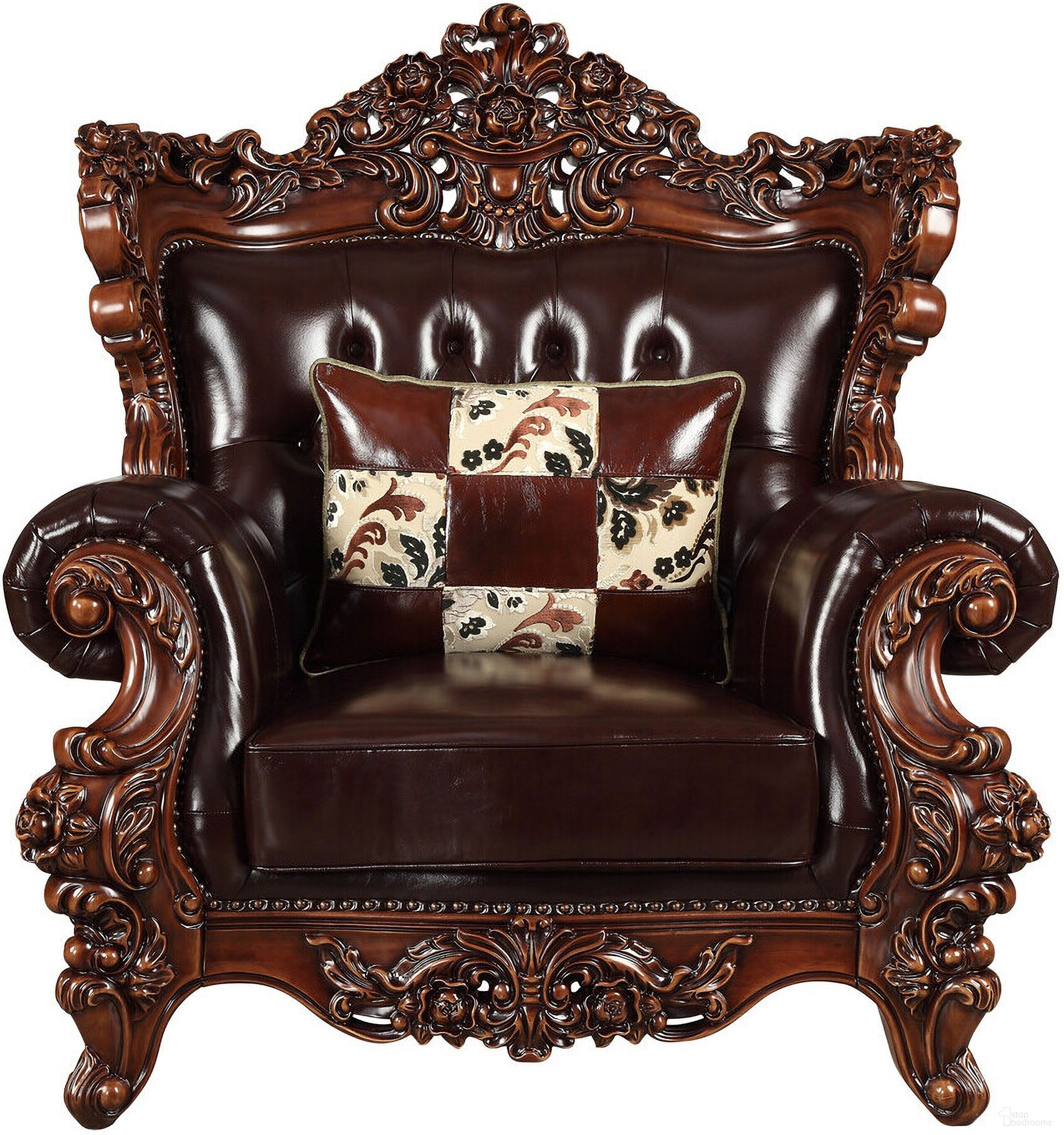 The appearance of 50 Inch Faux Leather Tufted Wingback Chair and Toss Pillow In Espresso designed by Homeroots in the traditional interior design. This espresso piece of furniture  was selected by 1StopBedrooms from  to add a touch of cosiness and style into your home. Sku: 515761. Material: Faux Leather.