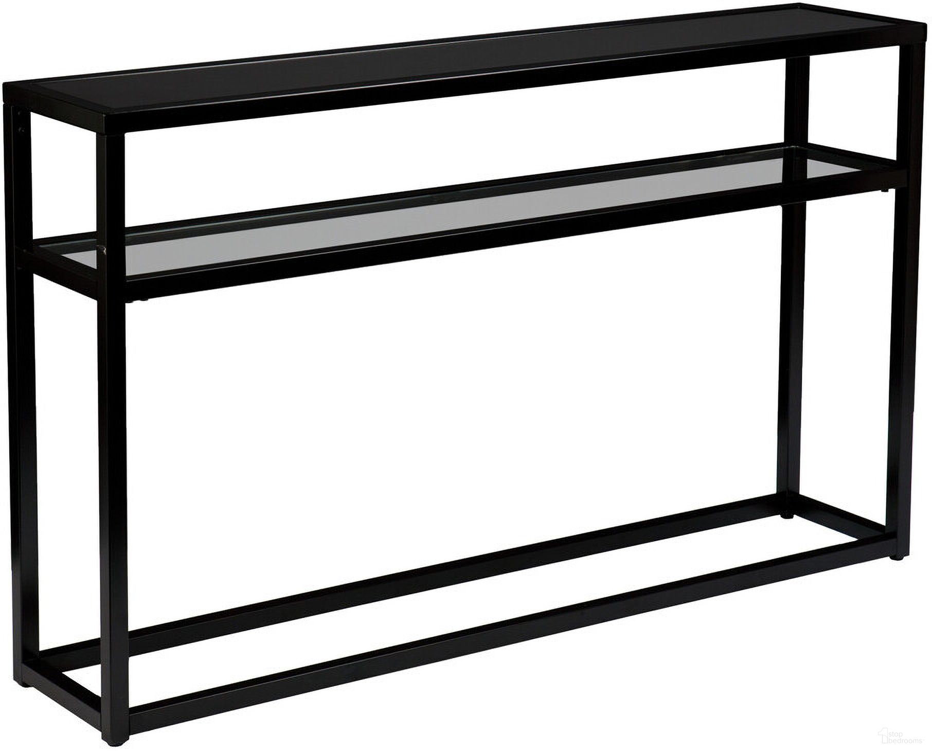 The appearance of 50 Inch Glass Frame Console Table with Shelves In Black designed by Homeroots in the modern / contemporary interior design. This black piece of furniture  was selected by 1StopBedrooms from  to add a touch of cosiness and style into your home. Sku: 402393. Material: Glass.