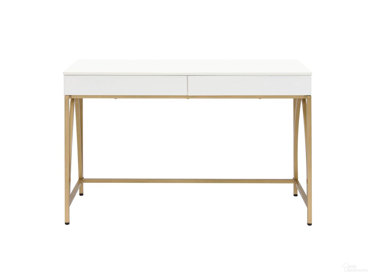 50 Inch Writing Desk with Two Drawers In White and Gold