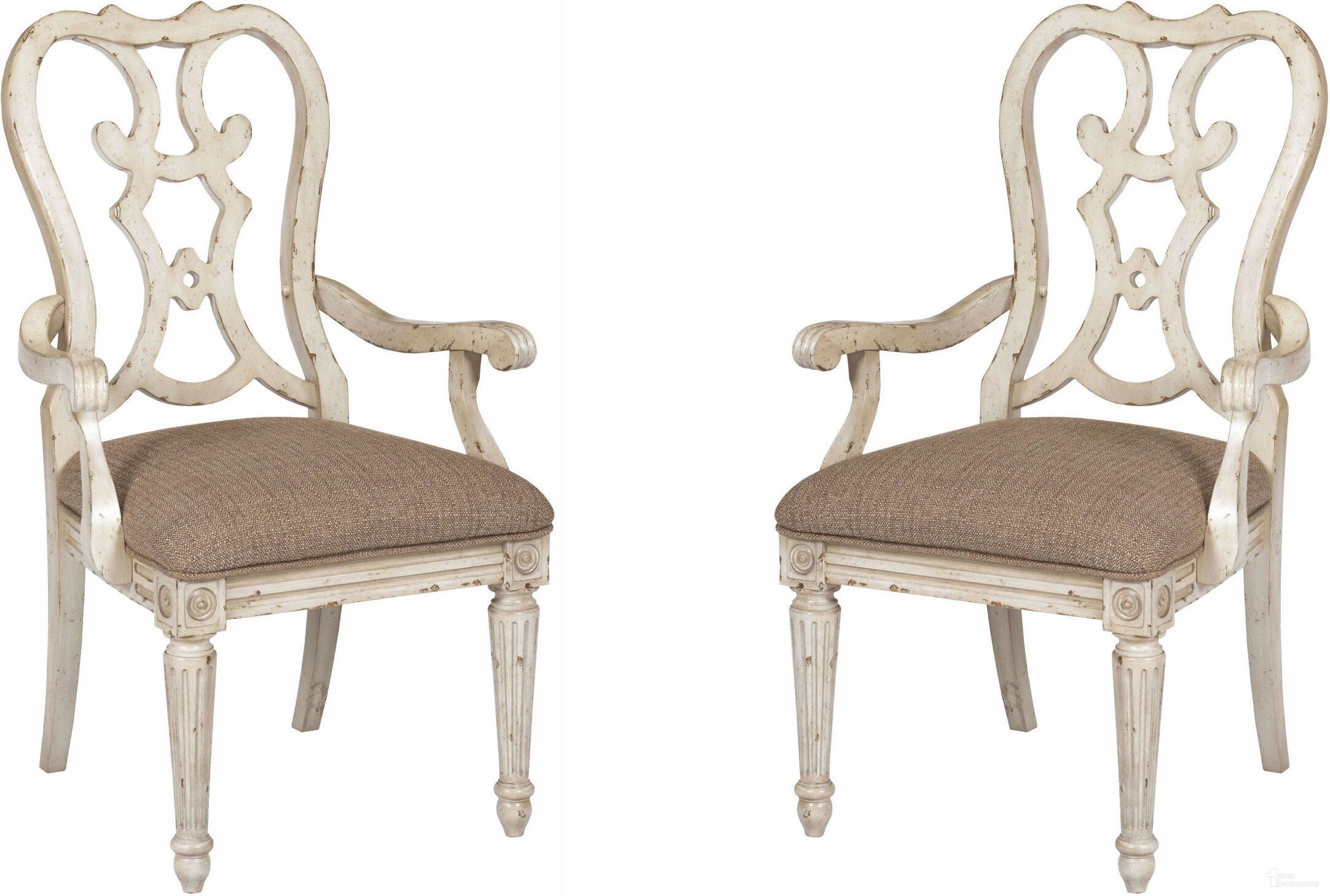 The appearance of Southbury Parchment Cortona Arm Chair Set of 2 designed by American Drew in the transitional interior design. This white piece of furniture was selected by 1StopBedrooms from Southbury Collection to add a touch of cosiness and style into your home. Sku: 513-637. Material: Fabric. Chair Type: Arm Chair.