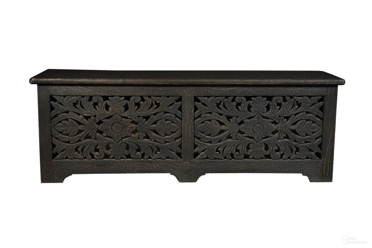 The appearance of 52 Inch Distressed Solid Wood Carved Floral Storage Ottoman In Black designed by Homeroots in the rustic / southwestern interior design. This black piece of furniture  was selected by 1StopBedrooms from  to add a touch of cosiness and style into your home. Sku: 636283. Material: Solid Wood.