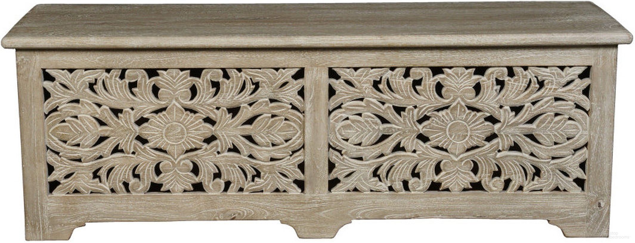 The appearance of 52 Inch Distressed Solid Wood Carved Floral Storage Ottoman In Gray designed by Homeroots in the traditional interior design. This gray piece of furniture was selected by 1StopBedrooms from to add a touch of cosiness and style into your home. Sku: 636284. Material: Solid Wood.