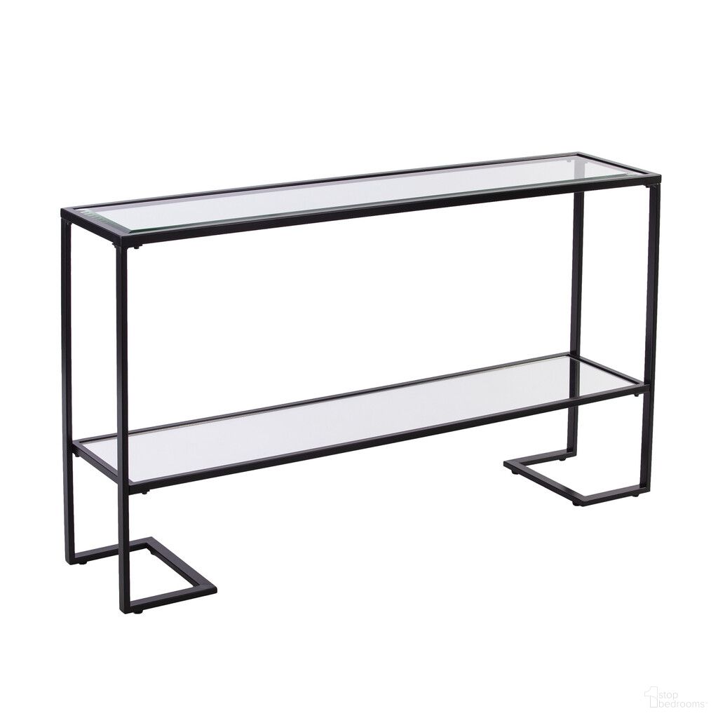 52 Inch Glass Mirrored Sled Console Table with Shelves In Clear and Black