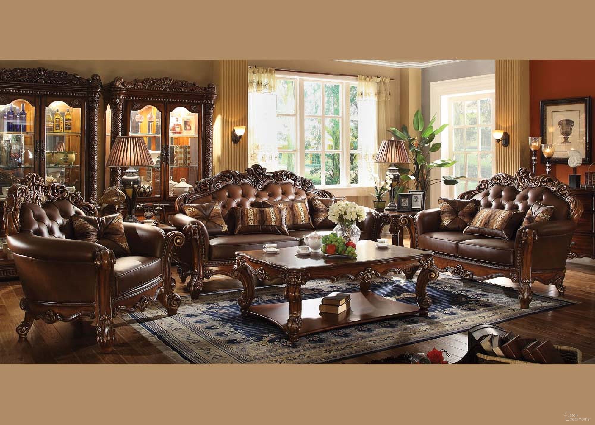 The appearance of Acme Vendome 2 Piece Leather Upholstered Stationary Living Room Set In Cherry designed by ACME in the rustic / southwestern interior design. This cherry piece of furniture was selected by 1StopBedrooms from Vendome Collection to add a touch of cosiness and style into your home. Sku: 52001;52002. Material: Vinyl.