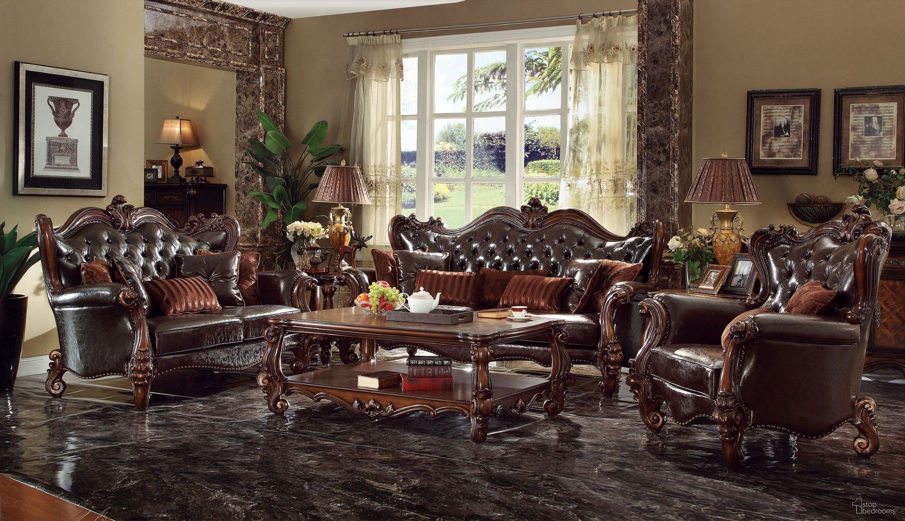 The appearance of Acme Versailles 2-Piece Living Room Set in D-Brown PU and Cherry Oak designed by ACME in the traditional interior design. This brown piece of furniture was selected by 1StopBedrooms from Versailles Collection to add a touch of cosiness and style into your home. Sku: 52120;52121. Material: Wood.