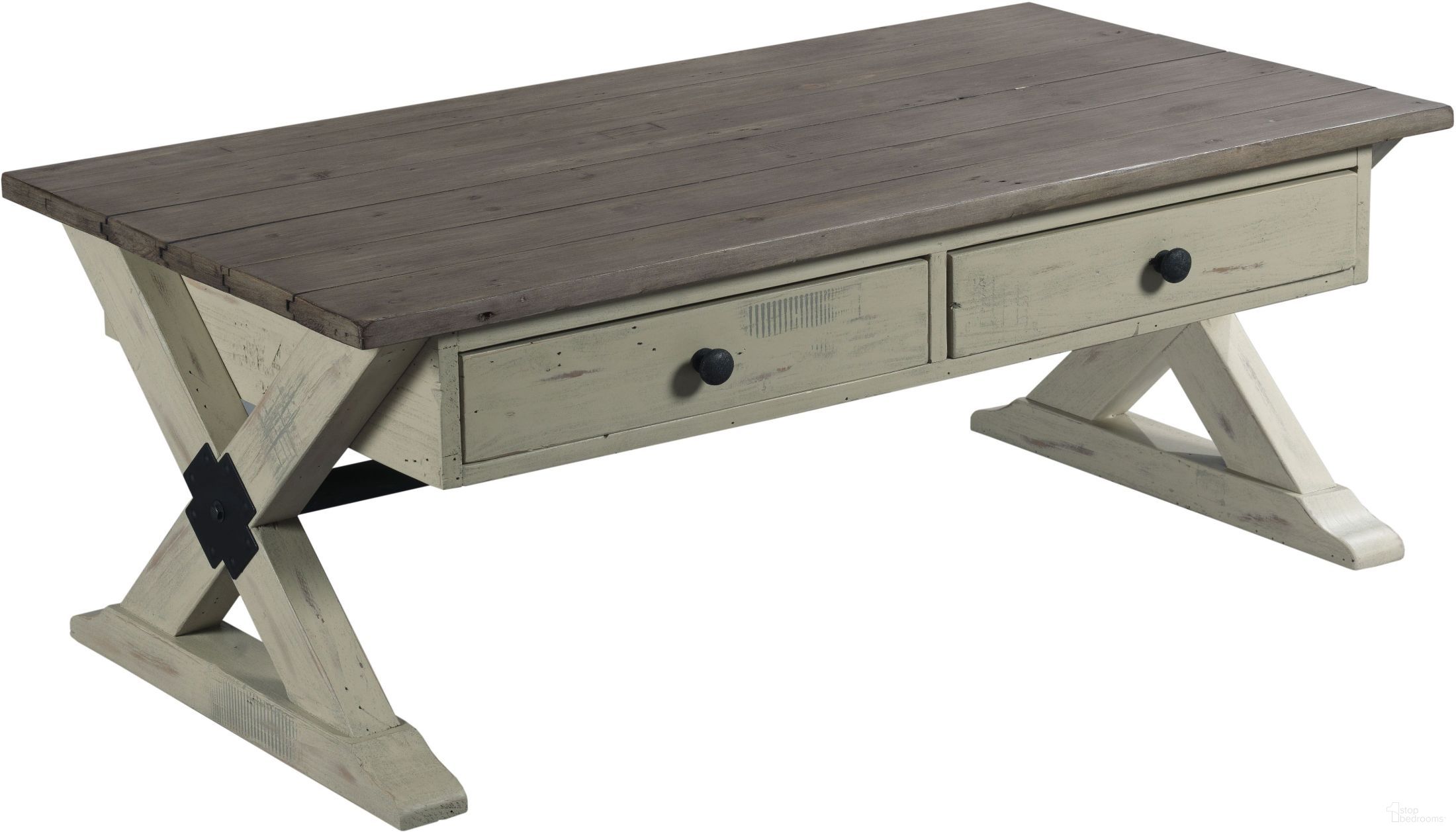 The appearance of Reclamation Place Brown Trestle Rectangular Cocktail Table designed by Hammary in the traditional interior design. This brown piece of furniture was selected by 1StopBedrooms from Reclamation Place Collection to add a touch of cosiness and style into your home. Sku: 523-910W. Material: Wood.