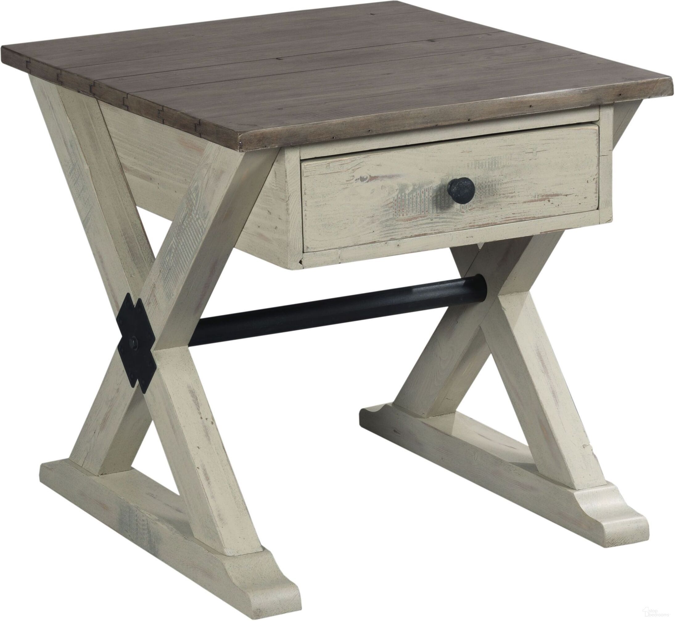 The appearance of Reclamation Place Brown Trestle Drawer End Table designed by Hammary in the traditional interior design. This brown piece of furniture was selected by 1StopBedrooms from Reclamation Place Collection to add a touch of cosiness and style into your home. Sku: 523-915W. Material: Wood.