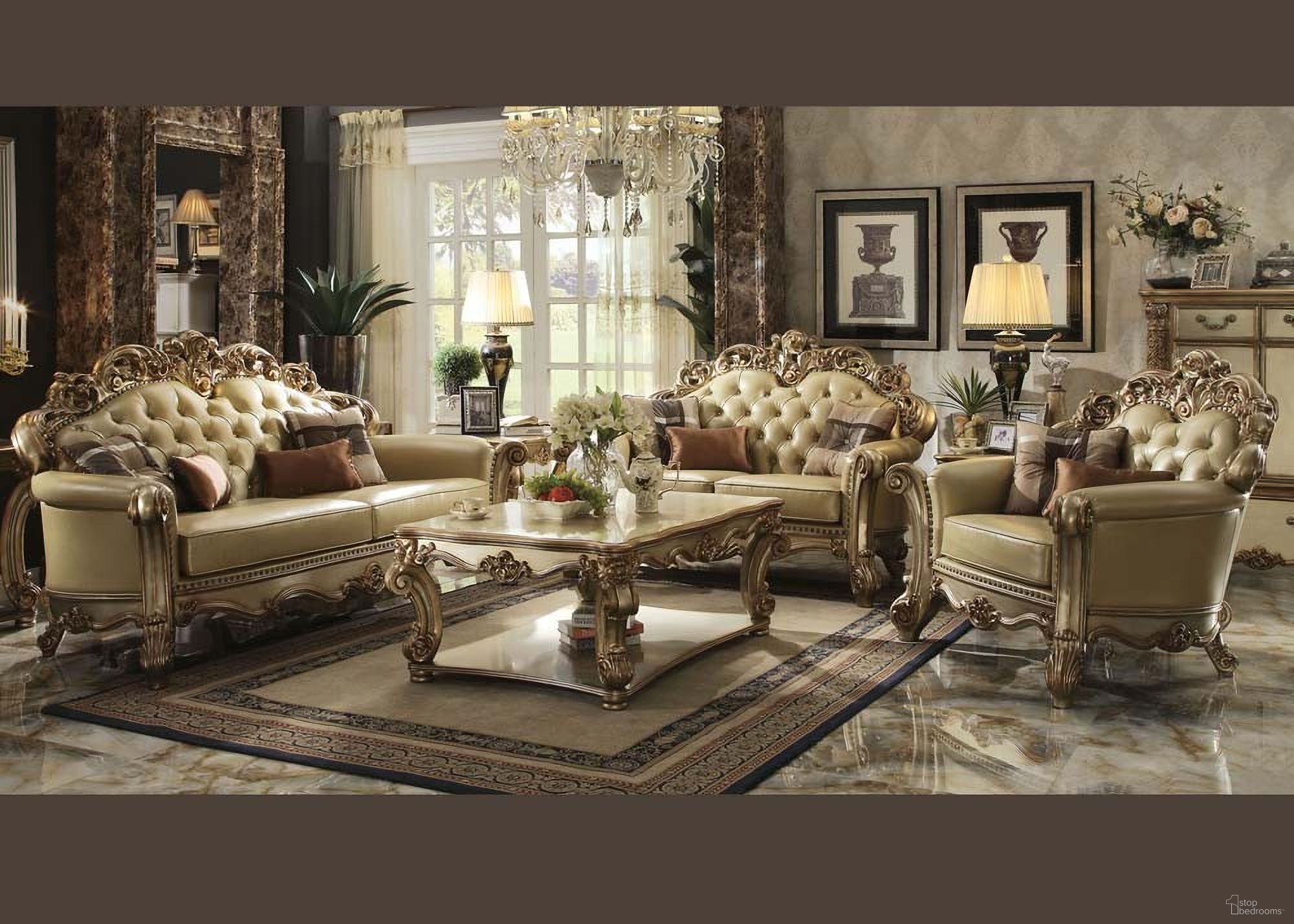 The appearance of Acme Vendome 2-Piece PU Living Room Set in Gold Patina designed by ACME in the rustic / southwestern interior design. This gold patina piece of furniture was selected by 1StopBedrooms from Vendome Collection to add a touch of cosiness and style into your home. Sku: 53000;53001. Material: Vinyl.