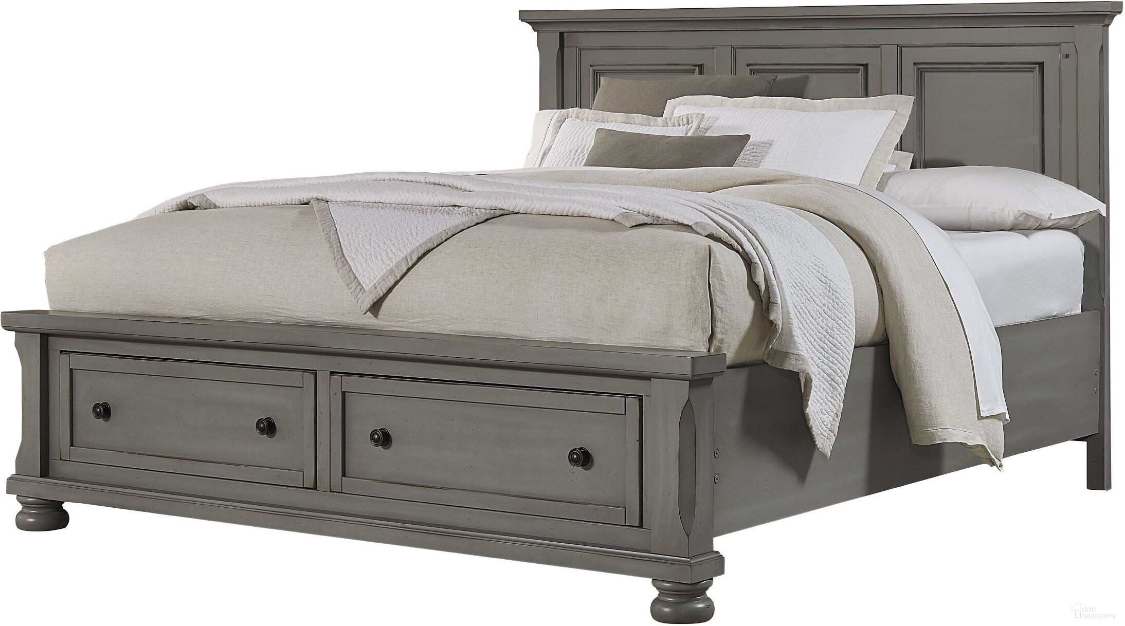 The appearance of Reflections Antique Pewter Queen Mansion Storage Bed designed by Vaughan Bassett in the transitional interior design. This gray piece of furniture was selected by 1StopBedrooms from Reflections Collection to add a touch of cosiness and style into your home. Sku: 531-558;531-050B;531-502;TT-555T. Bed Type: Storage Bed. Material: Wood. Bed Size: Queen.