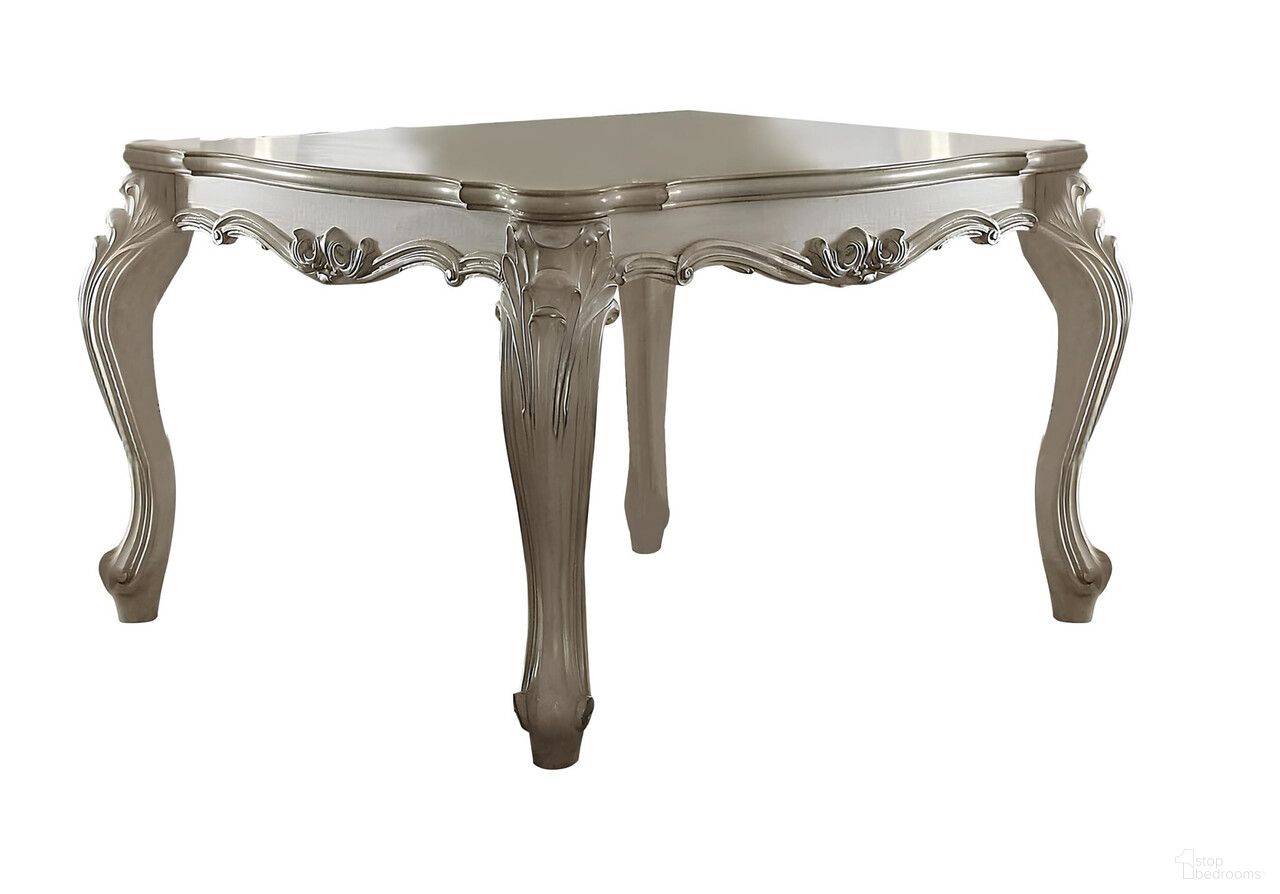 The appearance of 55 Inch Solid Wood and Solid Manufactured Wood Dining Table In Antiqued White designed by Homeroots in the traditional interior design. This antiqued white piece of furniture  was selected by 1StopBedrooms from  to add a touch of cosiness and style into your home. Sku: 376938. Table Base Style: Legs. Table Top Shape: Square. Material: Wood. Size: 55" x 55".