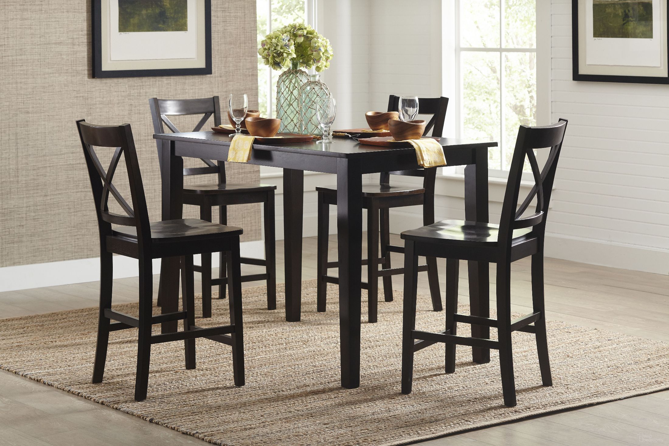 The appearance of Simplicity Espresso Counter Height Dining Room Set designed by Jofran in the transitional interior design. This espresso piece of furniture was selected by 1StopBedrooms from Simplicity Collection to add a touch of cosiness and style into your home. Sku: 552-54;552-BS806KD. Table Base Style: Legs. Table Top Shape: Square. Material: Wood. Size: 54" x 32".