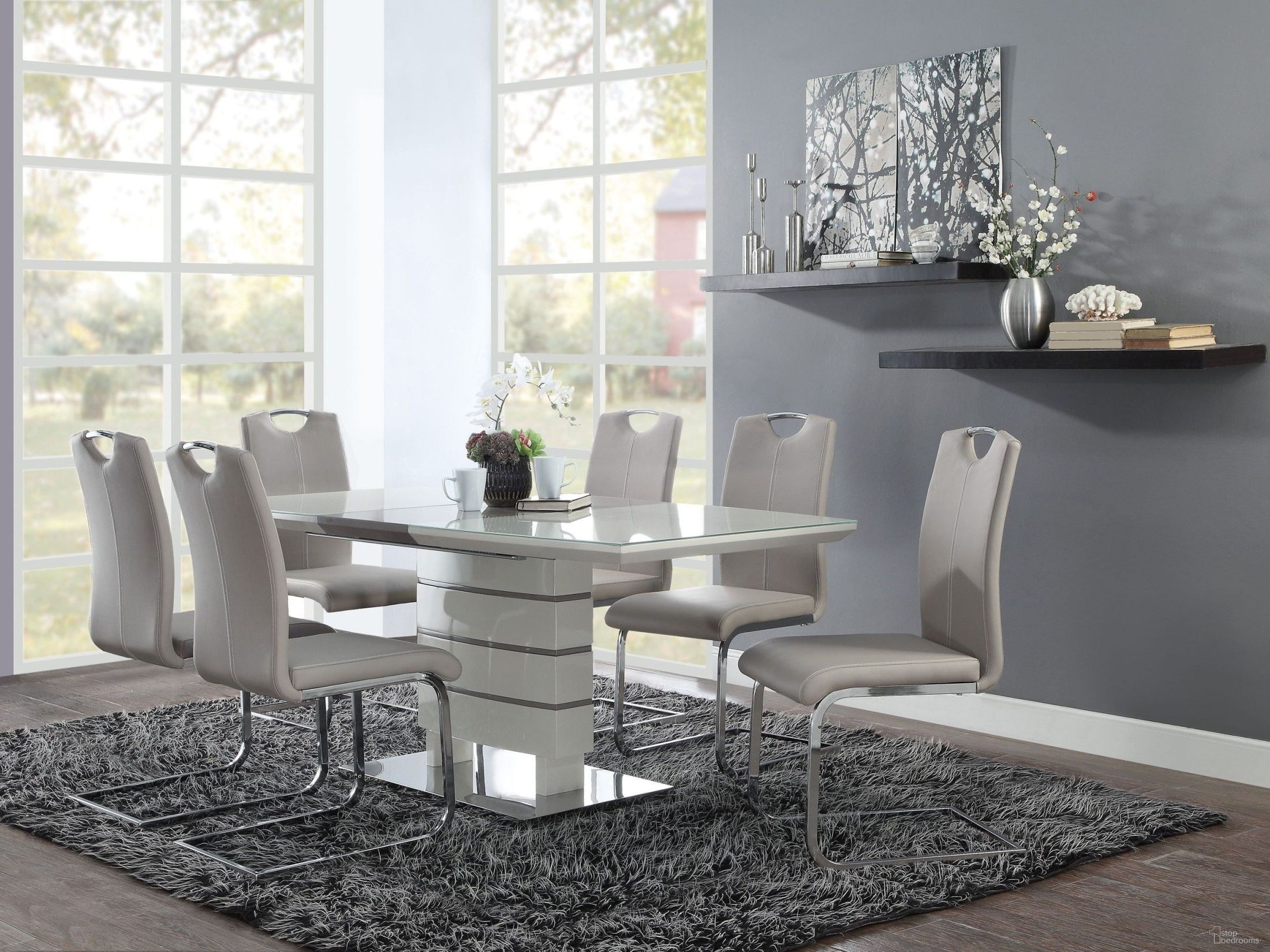 The appearance of Glissand White Rectangular Dining Room Set designed by Homelegance in the modern / contemporary interior design. This white piece of furniture was selected by 1StopBedrooms from Glissand Collection to add a touch of cosiness and style into your home. Sku: 5599-71T;5599-71B;5599-71M;5599S. Table Base Style: Pedestal. Material: Metal. Table Top Shape: Rectangular. Size: 36".