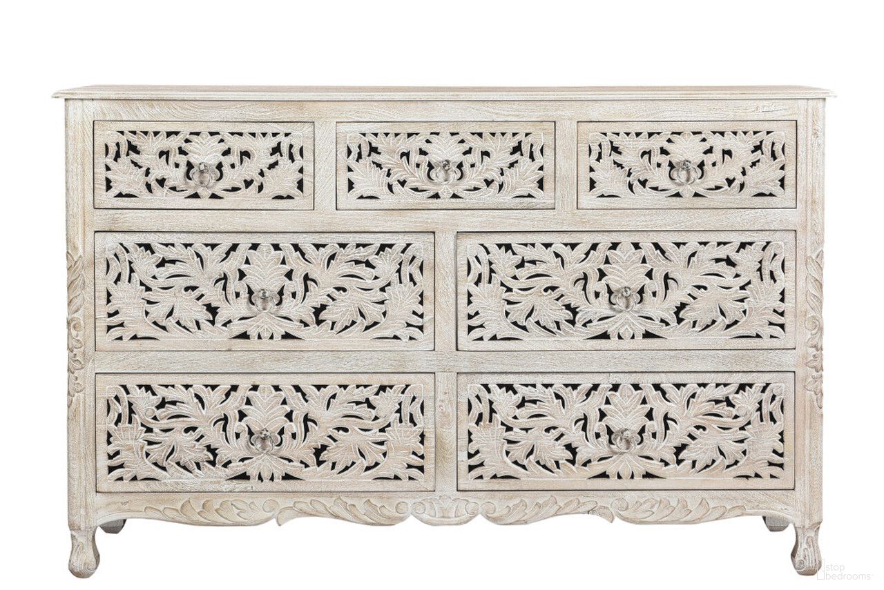 57 Inch Solid Wood Seven Drawer Dresser In White