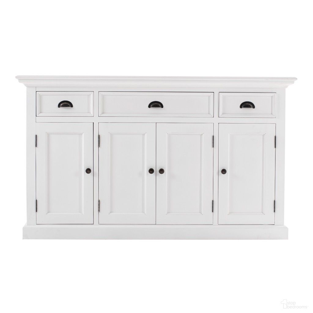 The appearance of 57 Inch Solid Wood Three Drawer Sideboard In White designed by Homeroots in the transitional interior design. This white piece of furniture was selected by 1StopBedrooms from to add a touch of cosiness and style into your home. Sku: 388224. Material: Solid Wood.