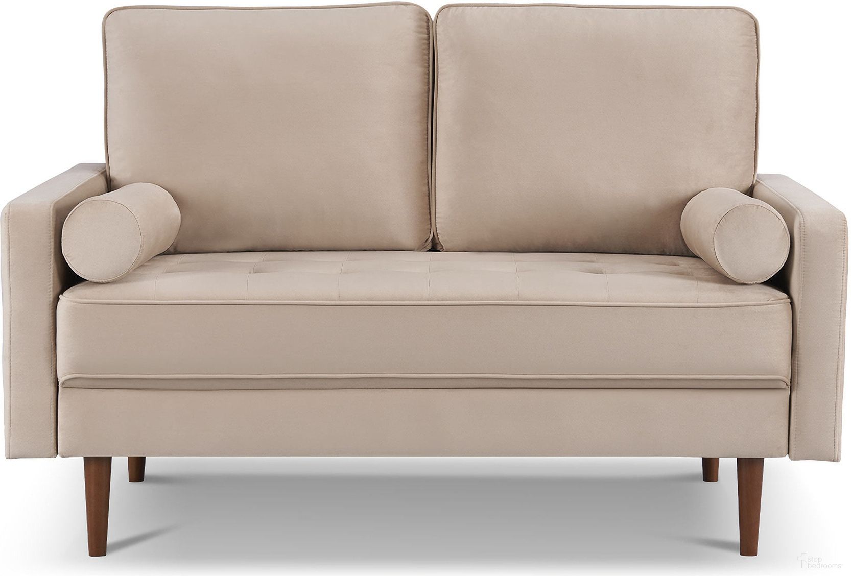 The appearance of 57 Inch Velvet Loveseat and Toss Pillows In Beige and Dark Brown designed by Homeroots in the transitional interior design. This beige and dark brown piece of furniture was selected by 1StopBedrooms from to add a touch of cosiness and style into your home. Sku: 543713. Material: Velvet.