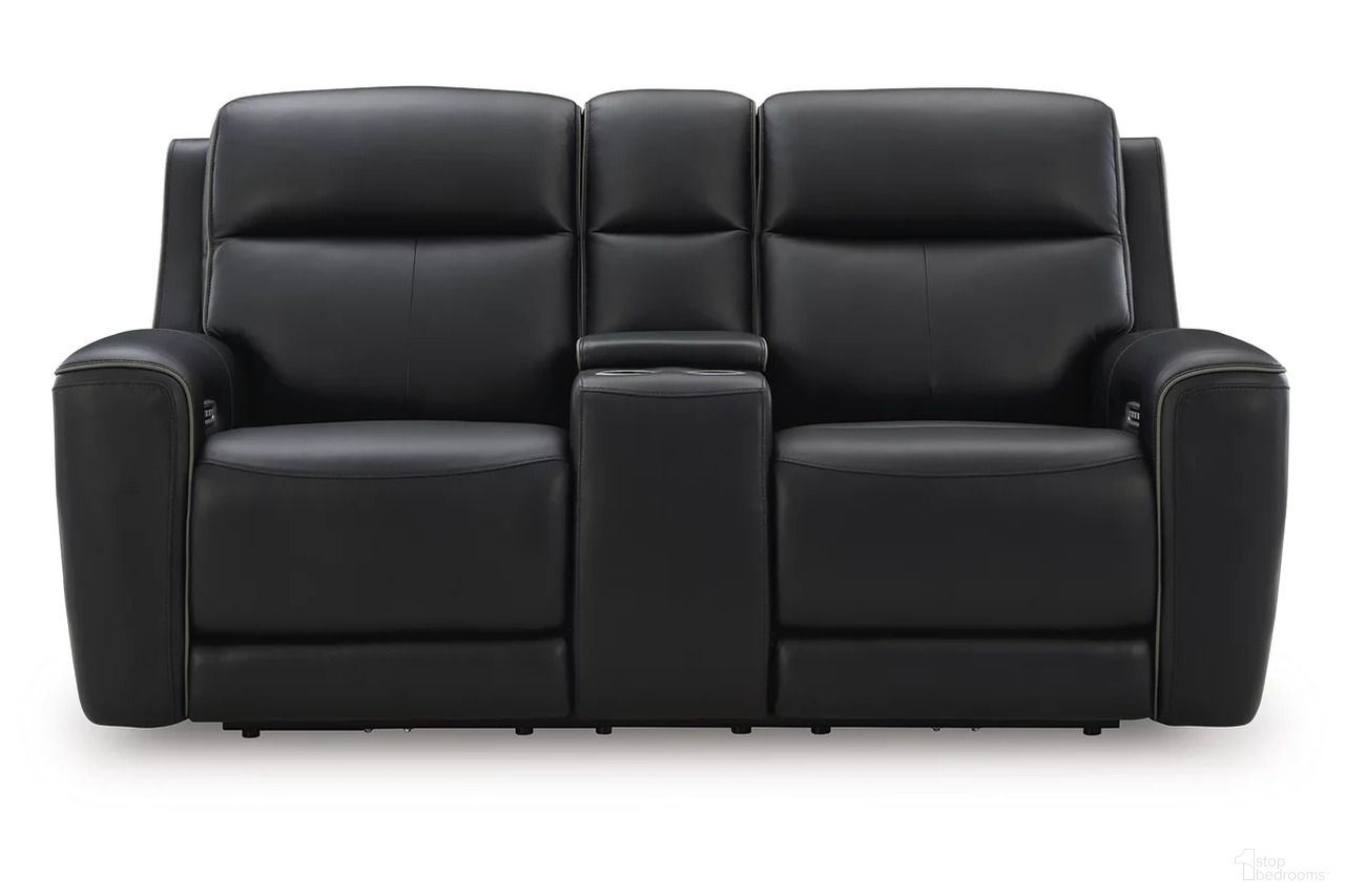 The appearance of 5Z-Dreamlight Power Reclining Loveseat with Console In Onyx designed by Signature Design by Ashley in the modern / contemporary interior design. This onyx piece of furniture was selected by 1StopBedrooms from 5Z-Dreamlight Collection to add a touch of cosiness and style into your home. Sku: NCU1090218. Material: Leather.