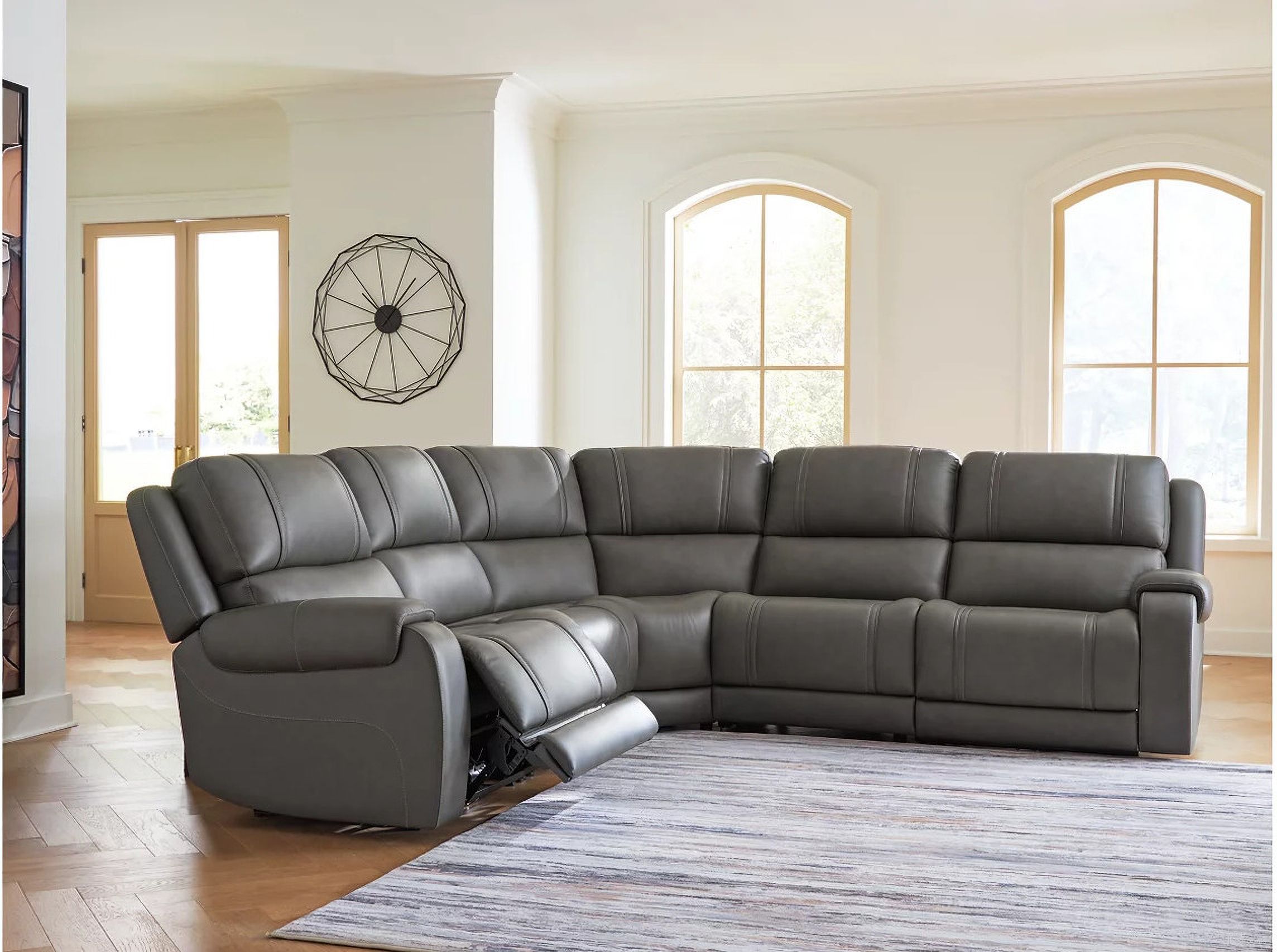 The appearance of 5Z - Pendley 5-Piece Power Reclining Sectional In Anchor designed by Signature Design by Ashley in the modern / contemporary interior design. This anchor piece of furniture  was selected by 1StopBedrooms from 5Z - Pendley Collection to add a touch of cosiness and style into your home. Sku: NCU1260031;NCU1260046;NCU1260058;NCU1260062;NCU1260077. Material: Leather.