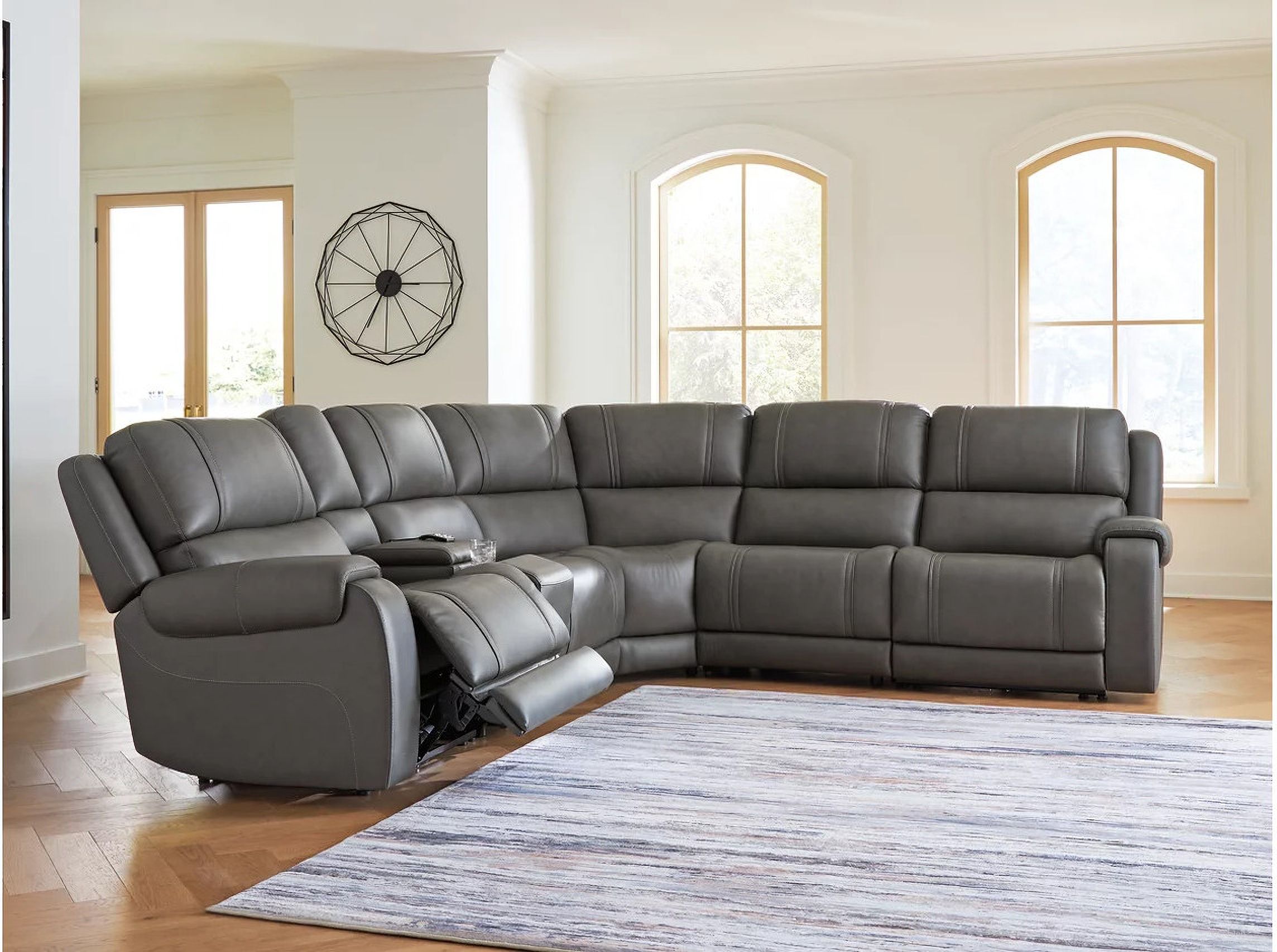 The appearance of 5Z - Pendley 6-Piece Power Reclining Sectional In Anchor designed by Signature Design by Ashley in the modern / contemporary interior design. This anchor piece of furniture was selected by 1StopBedrooms from 5Z - Pendley Collection to add a touch of cosiness and style into your home. Sku: NCU1260031;NCU1260046;NCU1260057;NCU1260058;NCU1260062;NCU1260077. Material: Leather. Layout: L-Shape.