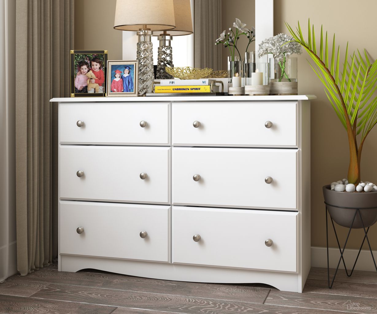 The appearance of 6-Drawer Double Dresser with Metal Knobs In White designed by Palace Imports in the modern / contemporary interior design. This white piece of furniture was selected by 1StopBedrooms from to add a touch of cosiness and style into your home. Sku: 5401K. Material: Solid Pine Wood.