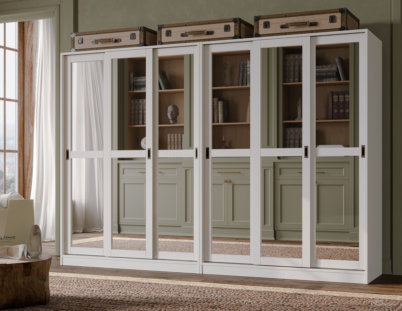 The appearance of 6-Sliding Wardrobe with Mirrored Doors In White designed by Palace Imports in the modern / contemporary interior design. This white piece of furniture was selected by 1StopBedrooms from Sliding Collection to add a touch of cosiness and style into your home. Sku: 5821M. Material: Solid Pine Wood.